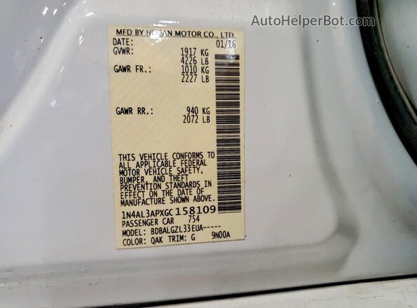 1N4AL3APXGC158109 2016 NISSAN ALTIMA White Widok naklejki z numerem VIN