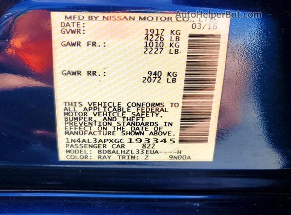 1N4AL3APXGC193345 2016 NISSAN ALTIMA Blue Widok komory silnika