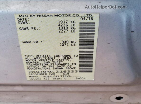 1N4AL3APXGC216333 2016 NISSAN ALTIMA Silver Вид наклейки з VIN-кодом