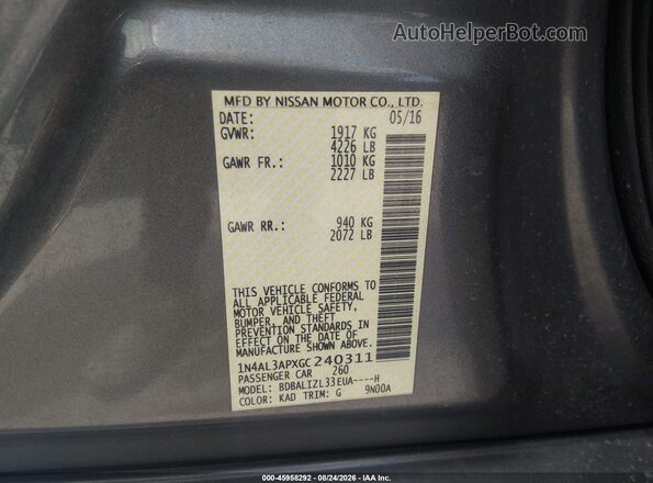 1N4AL3APXGC240311 2016 NISSAN ALTIMA Серый Вид подкапотного пространства