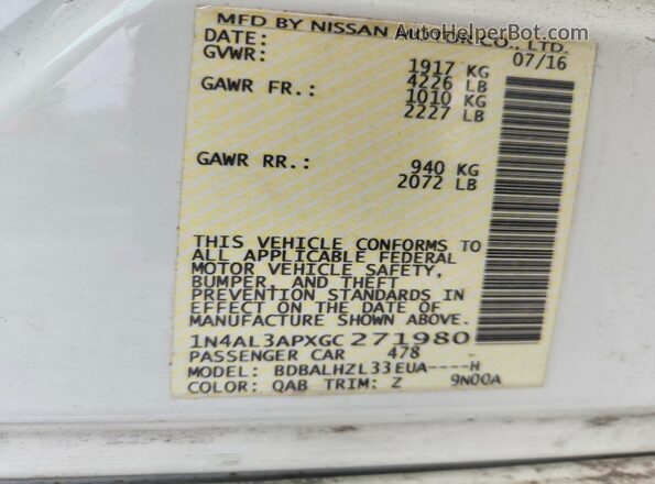 1N4AL3APXGC271980 2016 NISSAN ALTIMA White Շարժիչի բաժամունքի տեսք