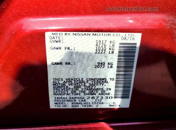 1N4AL3APXGC287130 2016 NISSAN ALTIMA Red Շարժիչի բաժամունքի տեսք