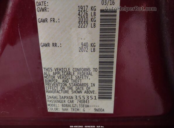 1N4AL3APXGN355351 2016 NISSAN ALTIMA Red Vista del compartimento del motor