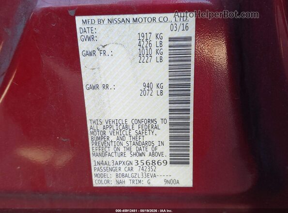 1N4AL3APXGN356869 2016 NISSAN ALTIMA Бордовый Вид подкапотного пространства