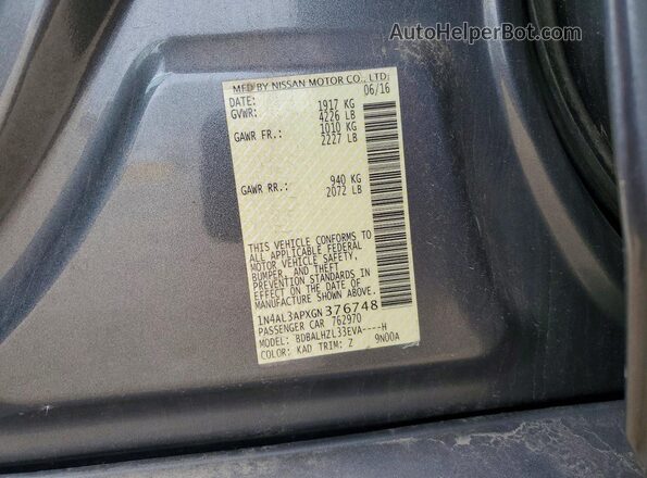 1N4AL3APXGN376748 2016 NISSAN ALTIMA Silver Вид наклейки з VIN-кодом