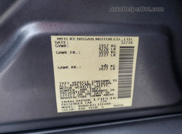 1N4AL3APXHC170536 2017 NISSAN ALTIMA Серый Вид подкапотного пространства