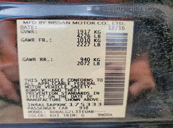 1N4AL3APXHC175333 2017 NISSAN ALTIMA Black VIN sticker view