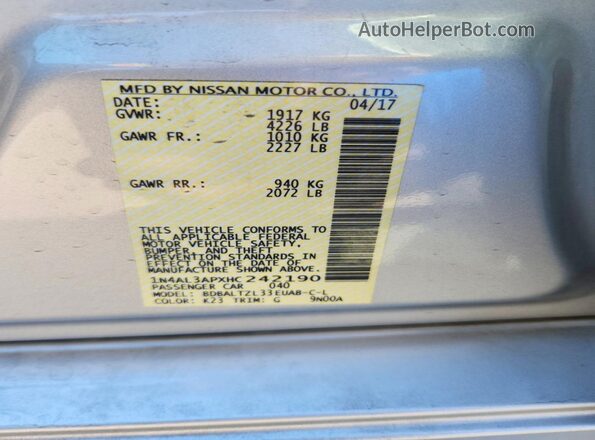 1N4AL3APXHC242190 2017 NISSAN ALTIMA Silver VIN կոդի պիտակի տեսք