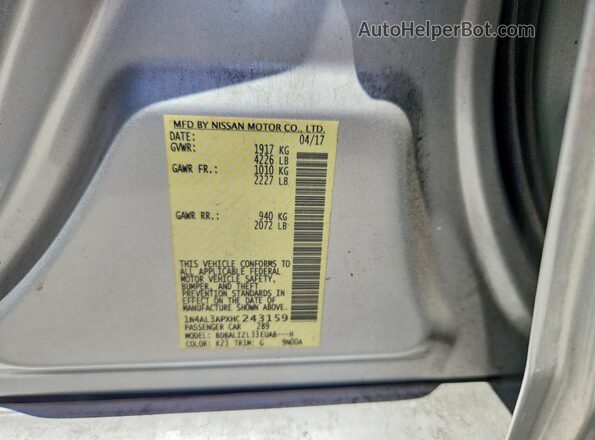 1N4AL3APXHC243159 2017 NISSAN ALTIMA Silver VIN კოდის სტიკერის ხედი