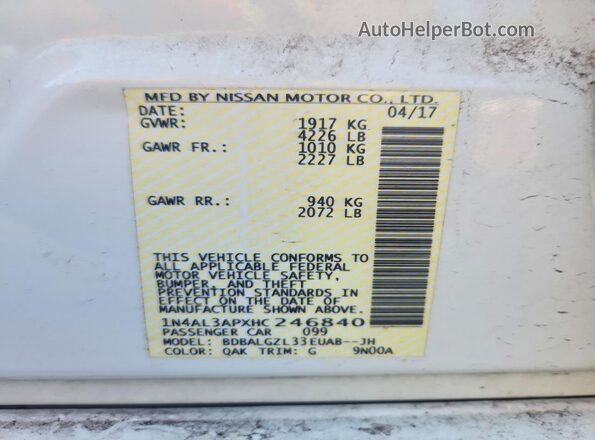 1N4AL3APXHC246840 2017 NISSAN ALTIMA White Вид наклейки з VIN-кодом