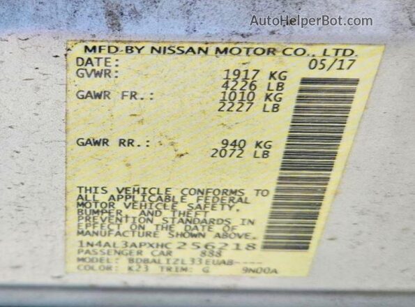 1N4AL3APXHC256218 2017 NISSAN ALTIMA Silver Вид підкапотного простору