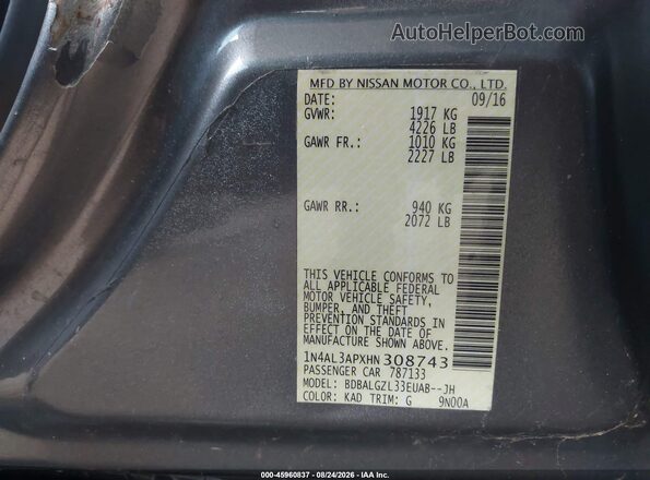 1N4AL3APXHN308743 2017 NISSAN ALTIMA Gray Вид підкапотного простору