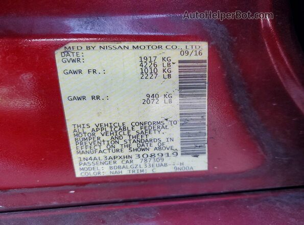 1N4AL3APXHN308919 2017 NISSAN ALTIMA Burgundy Widok komory silnika