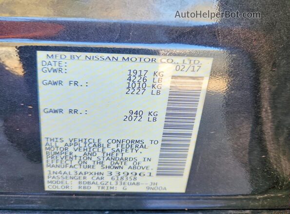 1N4AL3APXHN339961 2017 NISSAN ALTIMA Black Engine compartment view