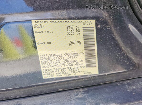 1N4AL3APXHN362852 2017 NISSAN ALTIMA Gray Vista de la etiqueta del VIN