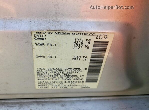 1N4AL3APXJC180988 2018 NISSAN ALTIMA Серебряный Вид подкапотного пространства