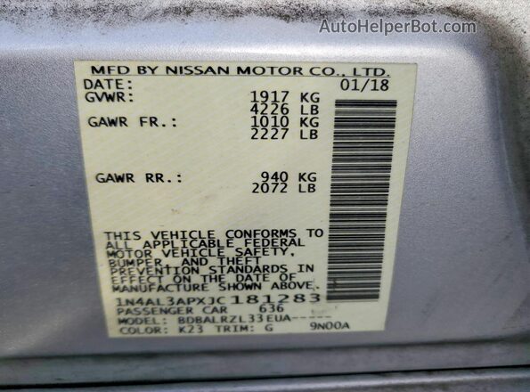 1N4AL3APXJC181283 2018 NISSAN ALTIMA Silver ძრავის განყოფილების ხედი