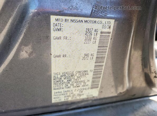 1N4AL3APXJC220969 2018 NISSAN ALTIMA Gray VIN კოდის სტიკერის ხედი