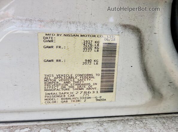 1N4AL3APXJC278631 2018 NISSAN ALTIMA White Вид підкапотного простору