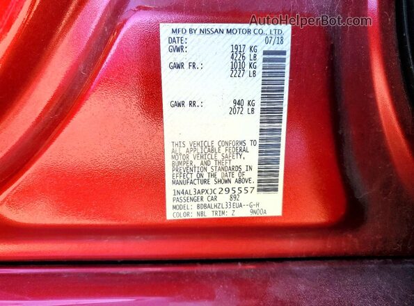1N4AL3APXJC295557 2018 NISSAN ALTIMA Red Вид підкапотного простору