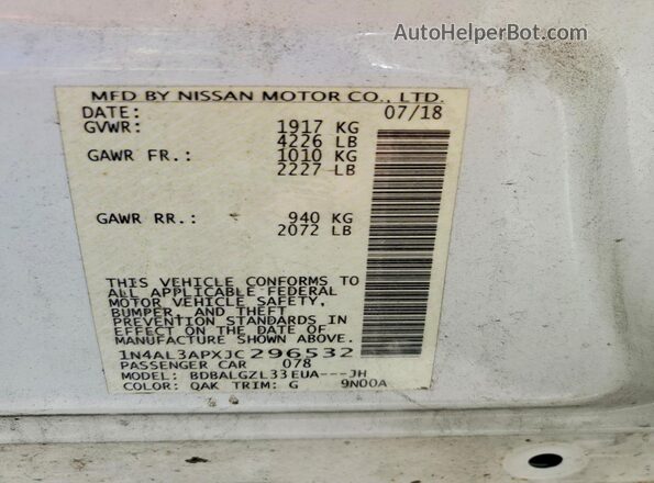 1N4AL3APXJC296532 2018 NISSAN ALTIMA White Շարժիչի բաժամունքի տեսք