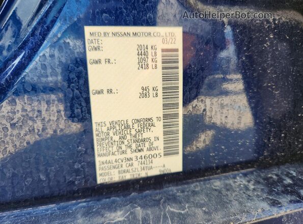 1N4AL4CV3NN346005 2022 NISSAN ALTIMA Blue Vista del compartimento del motor