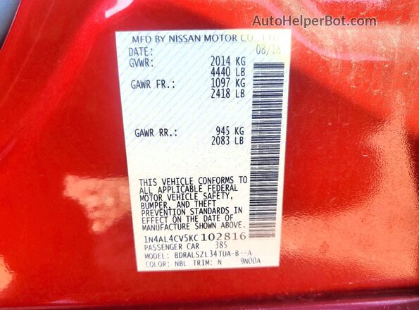 1N4AL4CV5KC102816 2019 NISSAN ALTIMA Красный Вид наклейки с VIN-кодом