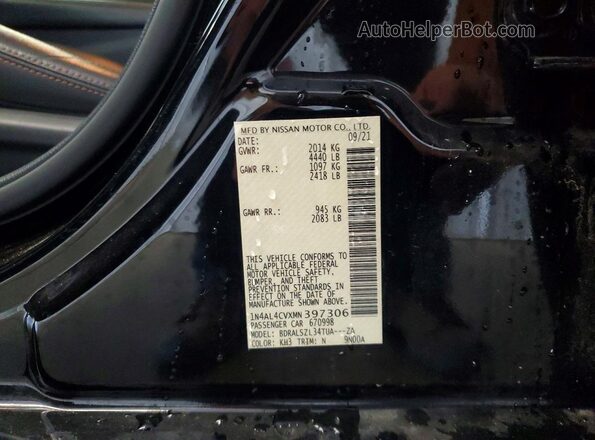 1N4AL4CVXMN397306 2021 NISSAN ALTIMA Black VIN კოდის სტიკერის ხედი