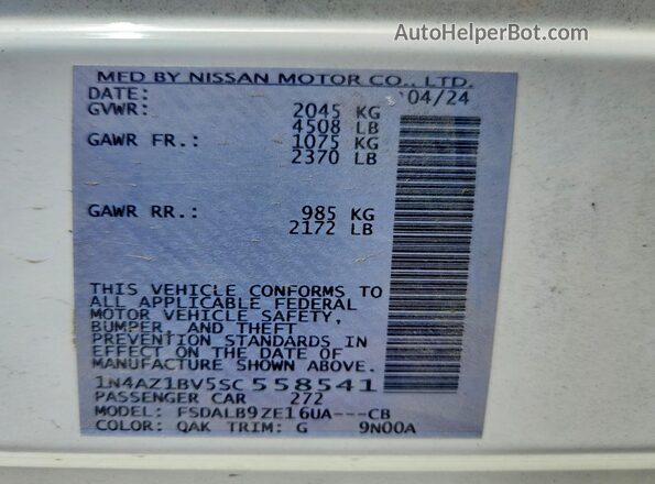1N4AZ1BV5SC558541 2025 NISSAN LEAF White VIN կոդի պիտակի տեսք