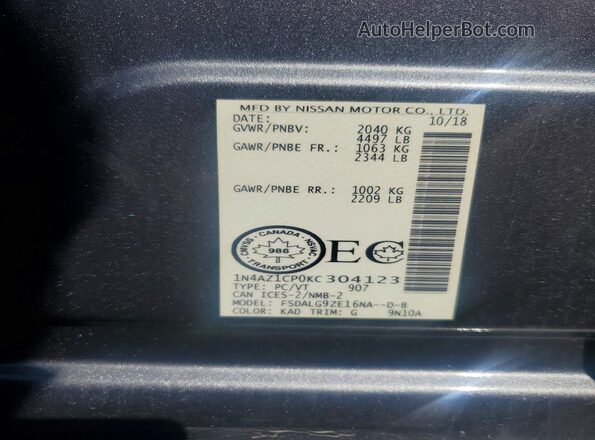 1N4AZ1CP0KC304123 2019 NISSAN LEAF Серый Вид наклейки с VIN-кодом