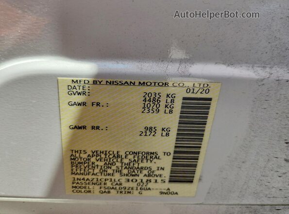 1N4AZ1CP1LC301815 2020 NISSAN LEAF Белый Панорамный вид салона 360°