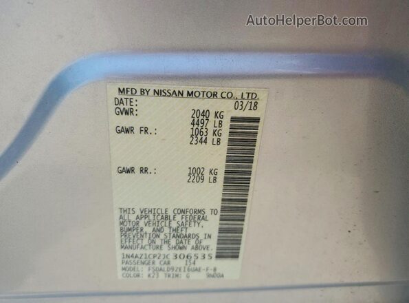 1N4AZ1CP2JC306535 2018 NISSAN LEAF Silver Вид наклейки з VIN-кодом