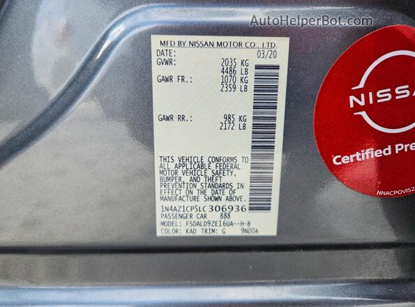 1N4AZ1CP5LC306936 2020 NISSAN LEAF Серый Вид подкапотного пространства