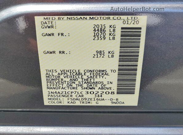 1N4AZ1CP7LC302208 2020 NISSAN LEAF Gray Widok naklejki z numerem VIN
