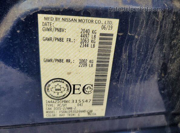 1N4AZ1CP8KC315547 2019 NISSAN LEAF Blue Widok wnętrza 360 stopni