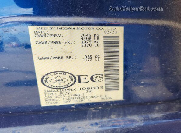 1N4AZ1CP9LC306003 2020 NISSAN LEAF Синий Вид наклейки с VIN-кодом