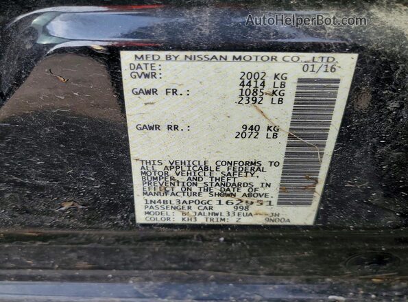 1N4BL3AP0GC162951 2016 NISSAN ALTIMA Black Вид наклейки з VIN-кодом