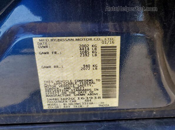 1N4BL3AP2GC163938 2016 NISSAN ALTIMA Синий Вид наклейки с VIN-кодом