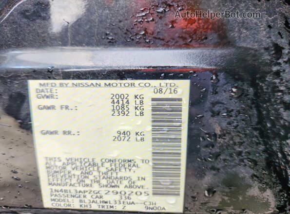 1N4BL3AP2GC290205 2016 NISSAN ALTIMA Black VIN կոդի պիտակի տեսք