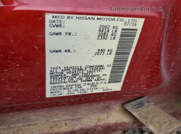 1N4BL3AP3GC266575 2016 NISSAN ALTIMA Burgundy VIN sticker view