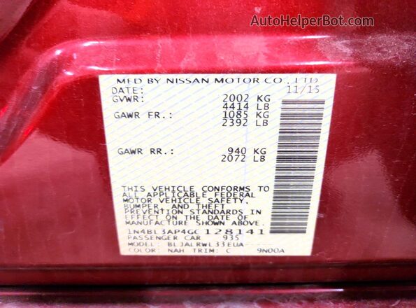 1N4BL3AP4GC128141 2016 NISSAN ALTIMA Burgundy Շարժիչի բաժամունքի տեսք