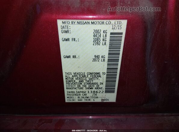 1N4BL3AP4GC138622 2016 NISSAN ALTIMA Red Widok komory silnika