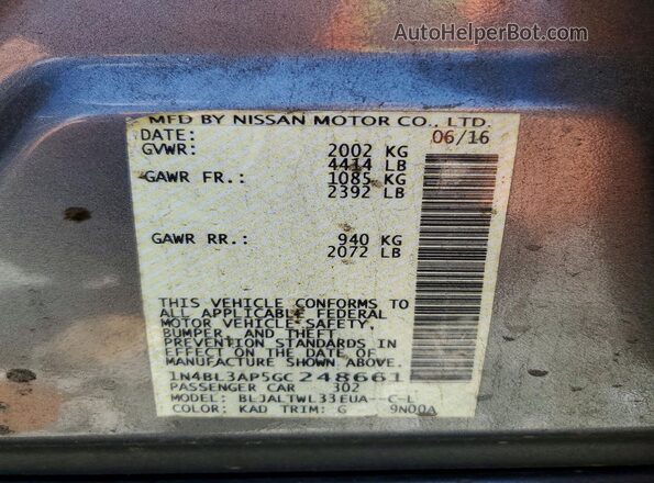 1N4BL3AP5GC248661 2016 NISSAN ALTIMA Gray Engine compartment view