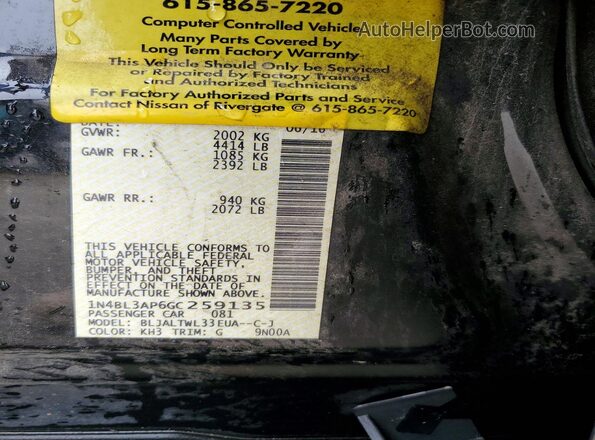 1N4BL3AP6GC259135 2016 NISSAN ALTIMA Black Vista del compartimento del motor