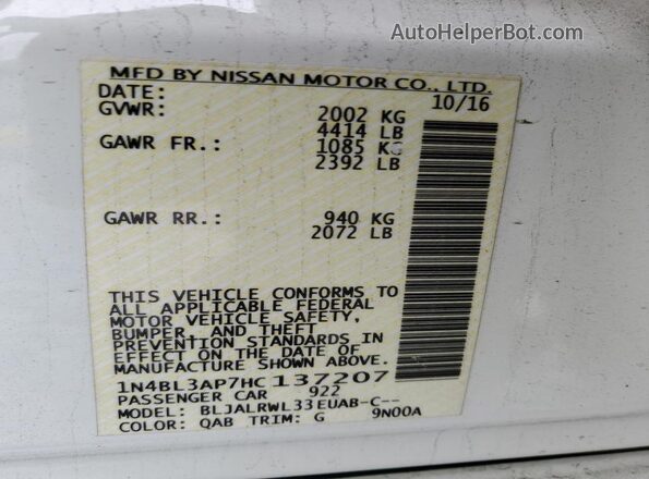 1N4BL3AP7HC137207 2017 NISSAN ALTIMA White Engine compartment view