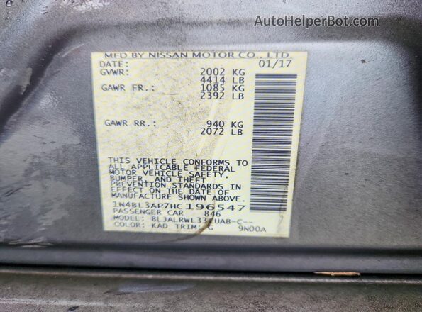 1N4BL3AP7HC196547 2017 NISSAN ALTIMA Gray Widok komory silnika