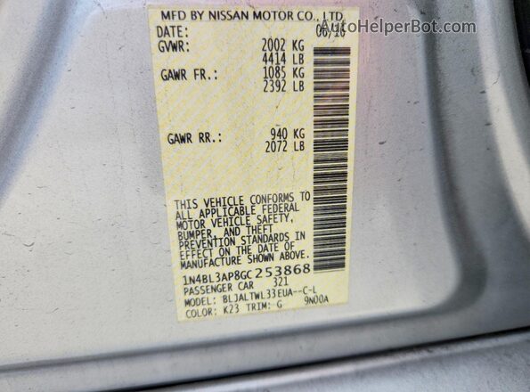 1N4BL3AP8GC253868 2016 NISSAN ALTIMA Silver Вид наклейки з VIN-кодом