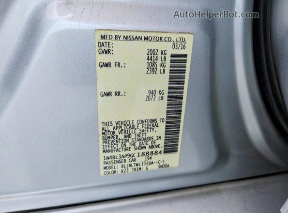 1N4BL3AP9GC188884 2016 NISSAN ALTIMA Silver Vista del compartimento del motor