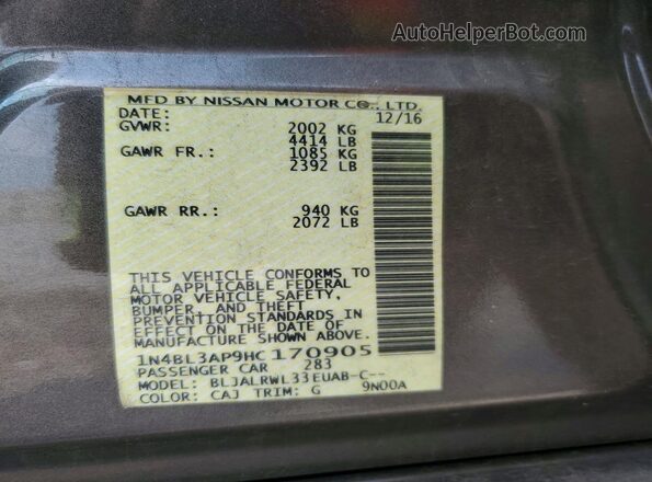1N4BL3AP9HC170905 2017 NISSAN ALTIMA Brown Engine compartment view