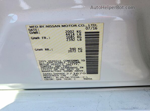 1N4BL3APXGC273670 2016 NISSAN ALTIMA White ძრავის განყოფილების ხედი